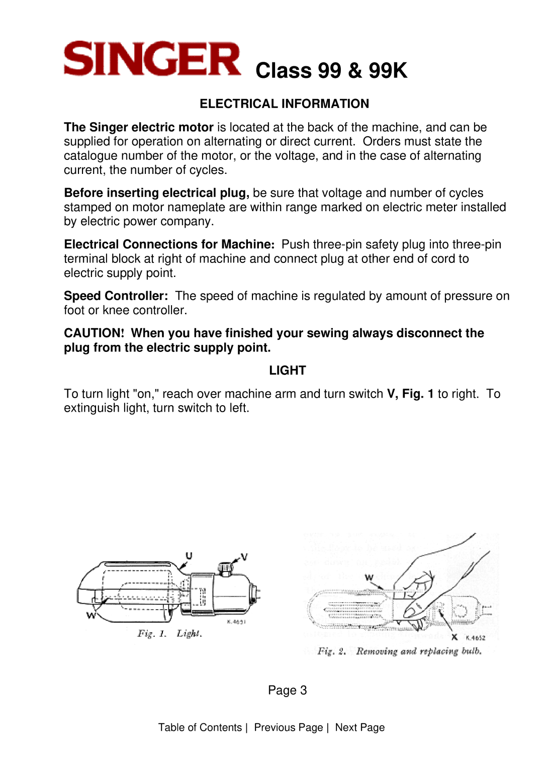 Singer CLASS 99 instruction manual Electrical Information, Light 