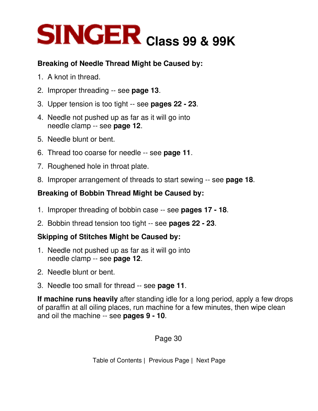 Singer CLASS 99 Breaking of Needle Thread Might be Caused by, Breaking of Bobbin Thread Might be Caused by 