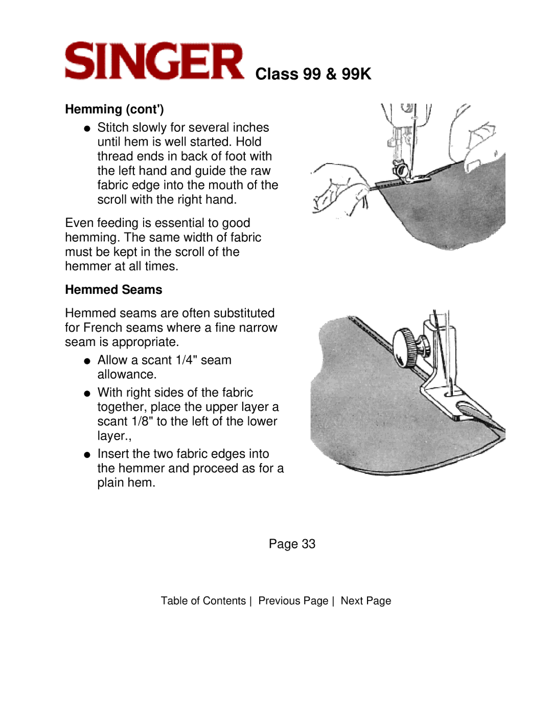 Singer CLASS 99 instruction manual Hemmed Seams 