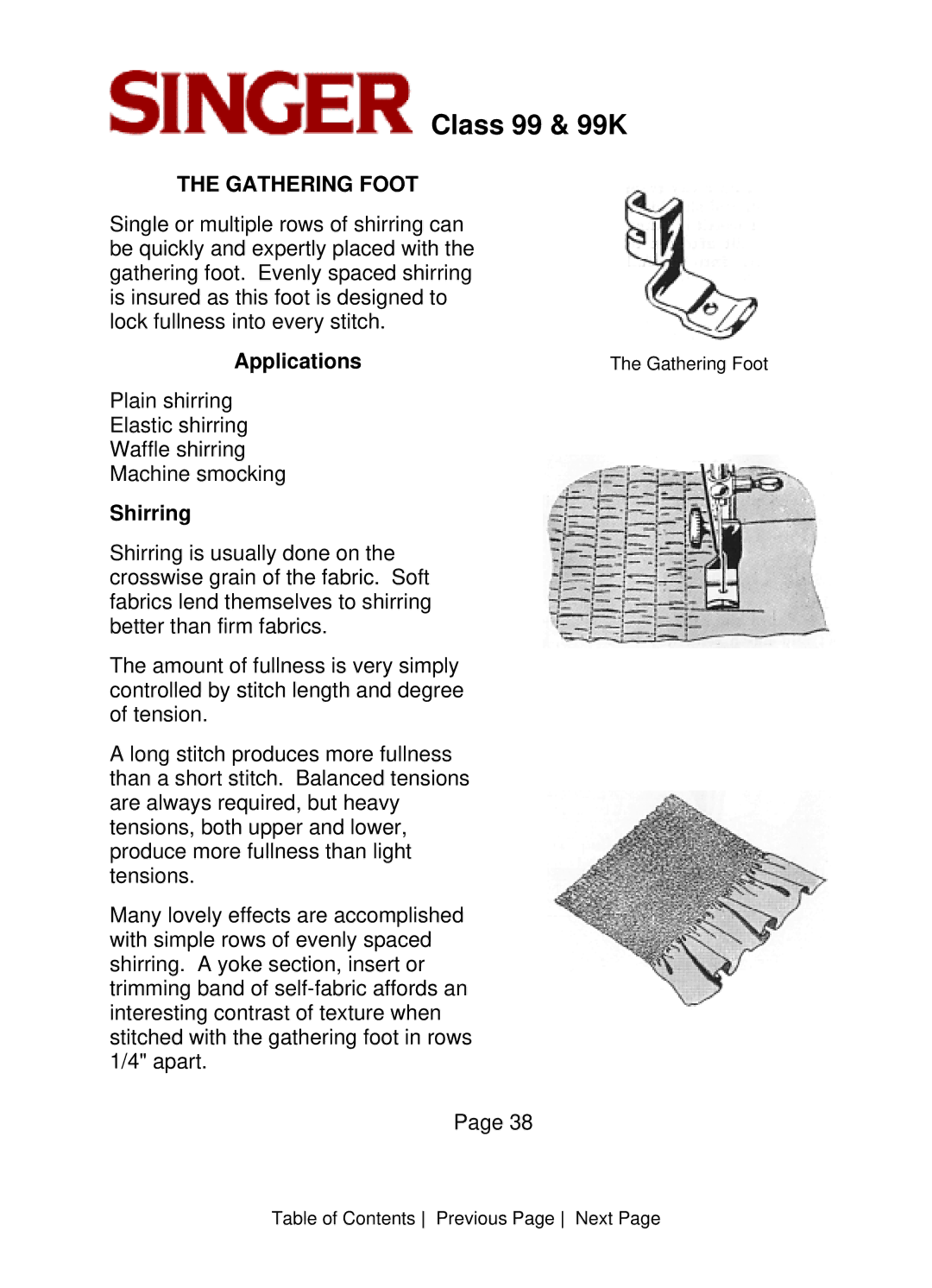 Singer CLASS 99 instruction manual Gathering Foot, Shirring 