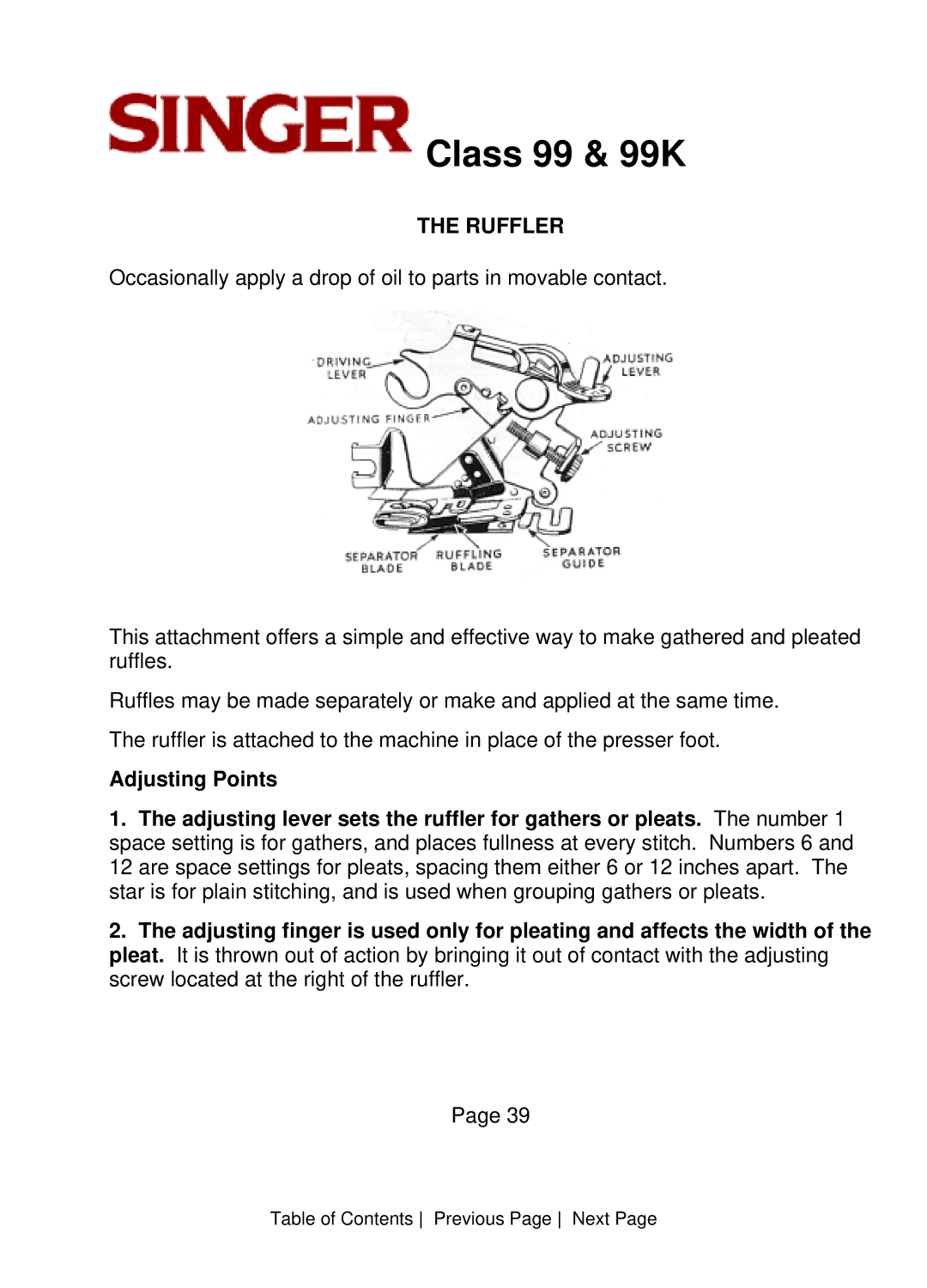 Singer CLASS 99 instruction manual Ruffler, Adjusting Points 