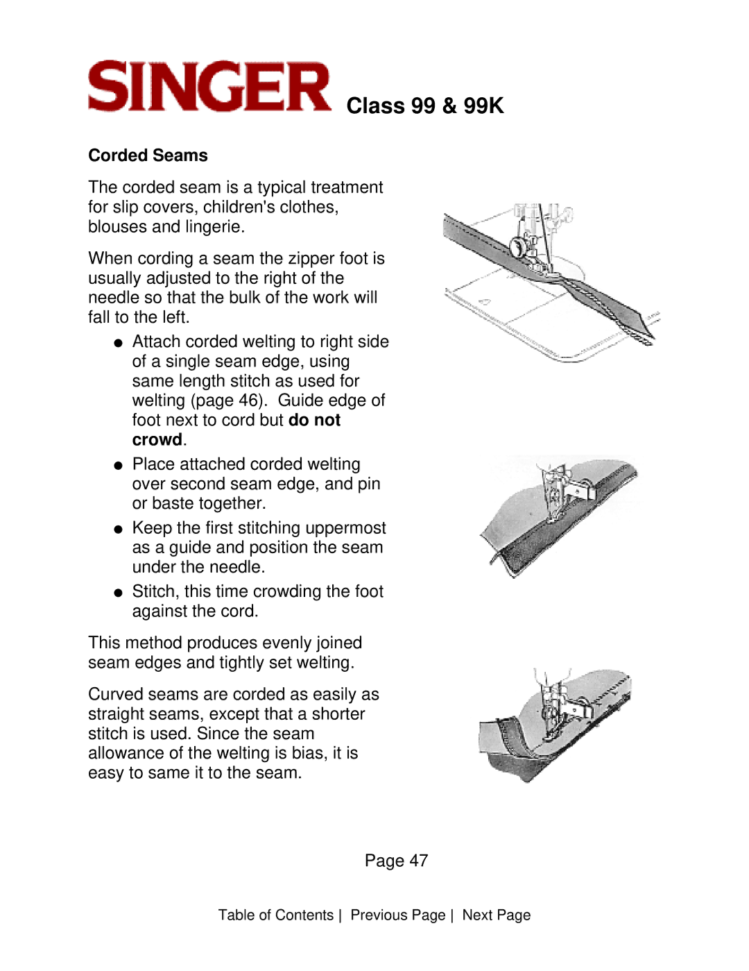 Singer CLASS 99 instruction manual Corded Seams 