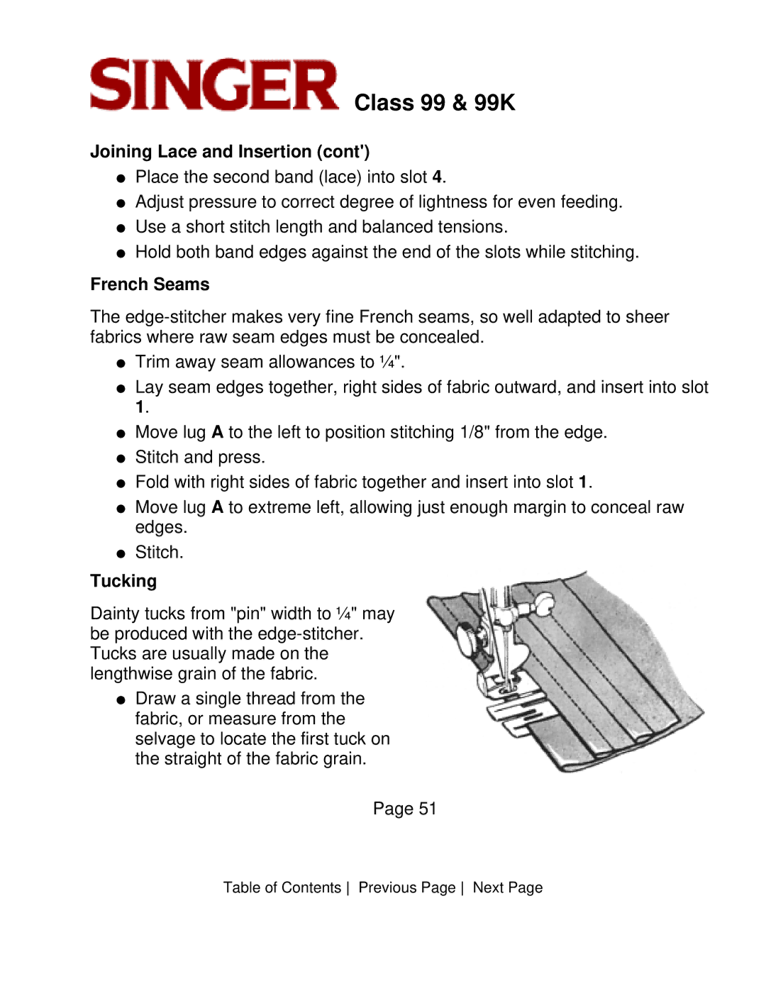 Singer CLASS 99 instruction manual French Seams, Tucking 