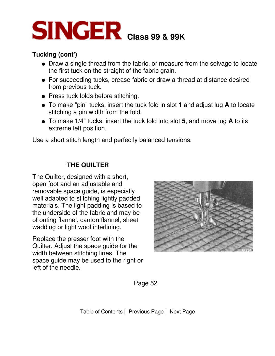 Singer CLASS 99 instruction manual Quilter 