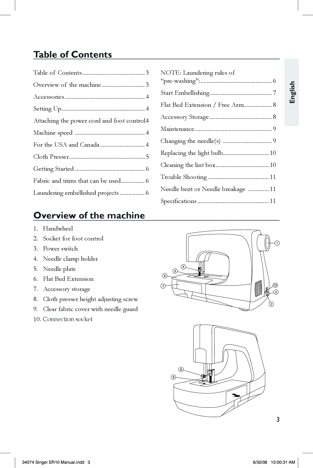 Singer ER10 instruction manual Table of Contents, Overview of the machine 