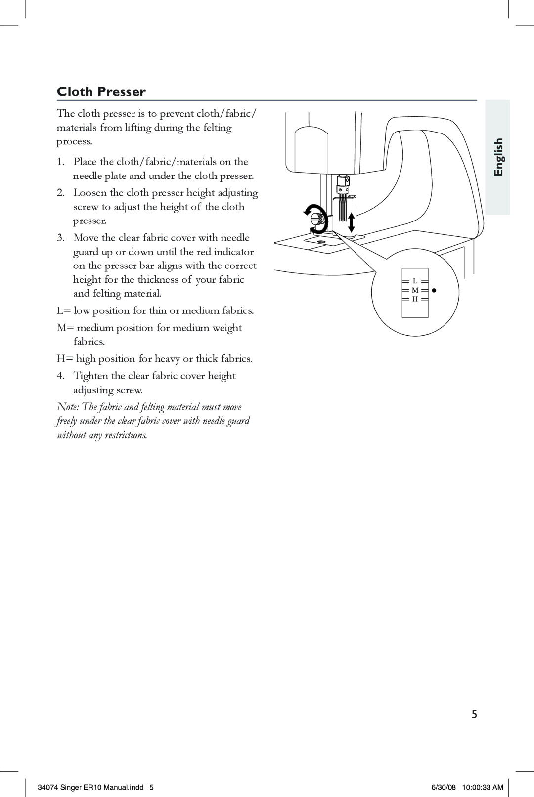 Singer ER10 instruction manual Cloth Presser 