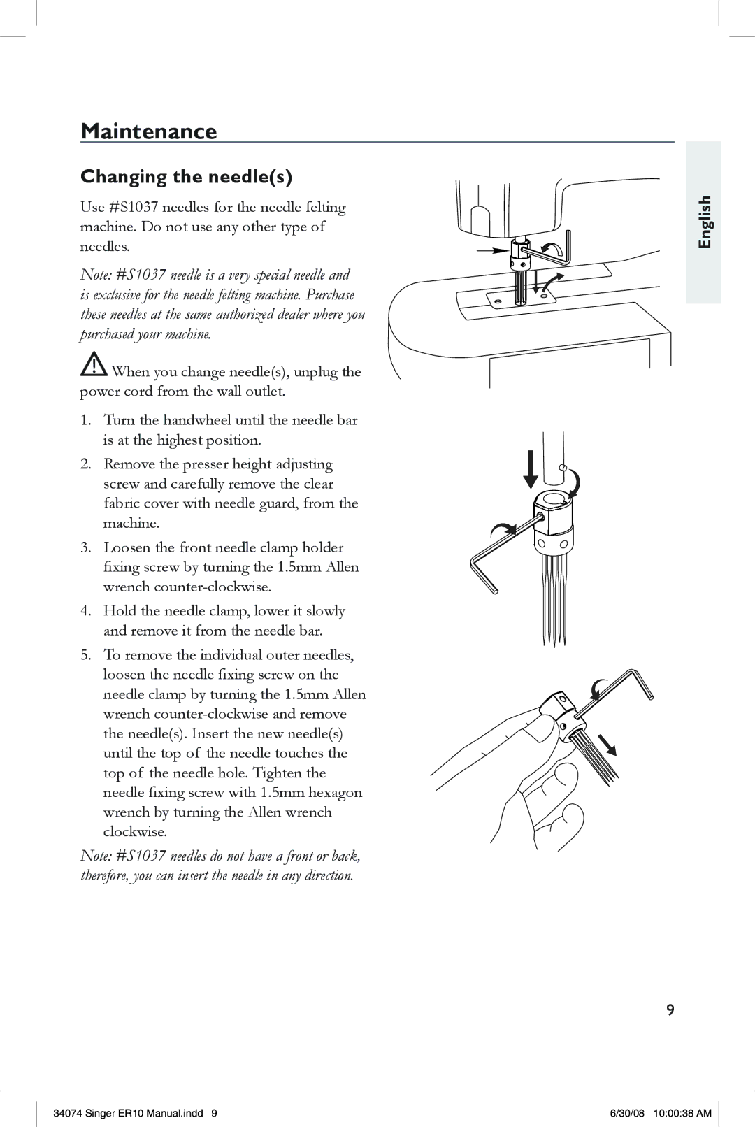 Singer ER10 instruction manual Maintenance, Changing the needles 