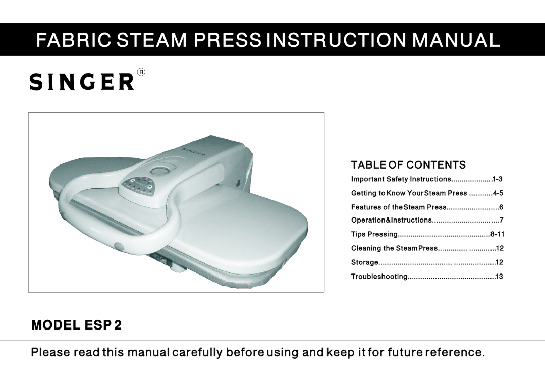 Singer ESP 2 instruction manual Model ESP, Table of Contents 