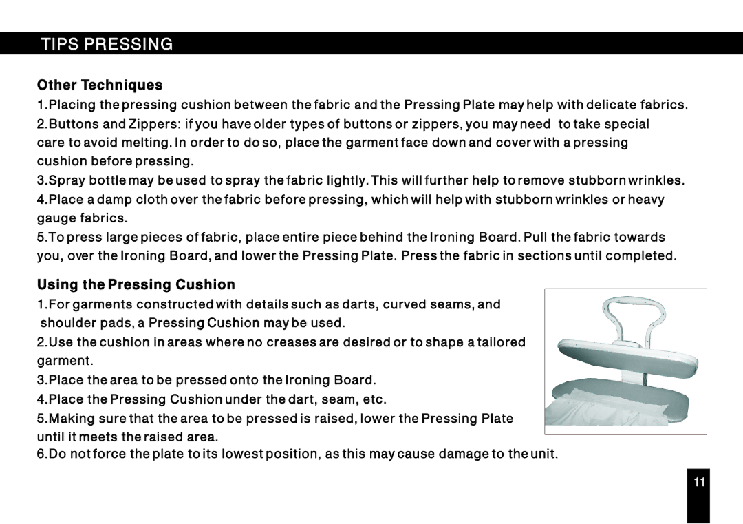 Singer ESP 2 instruction manual Tips Pressing 