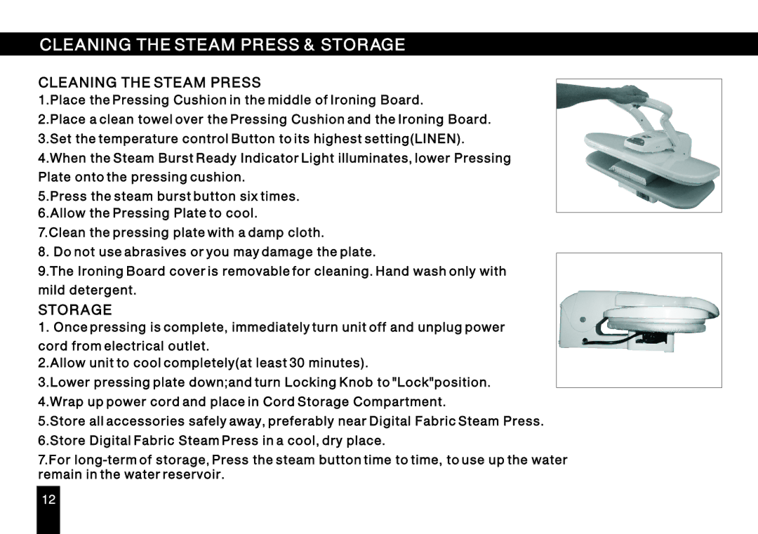 Singer ESP 2 instruction manual Cleaning the Steam Press & Storage 