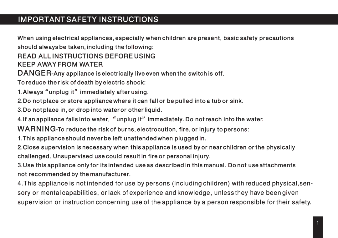 Singer ESP 2 instruction manual Important Safety Instructions, Read ALL Instructions Before Using Keep Away from Water 