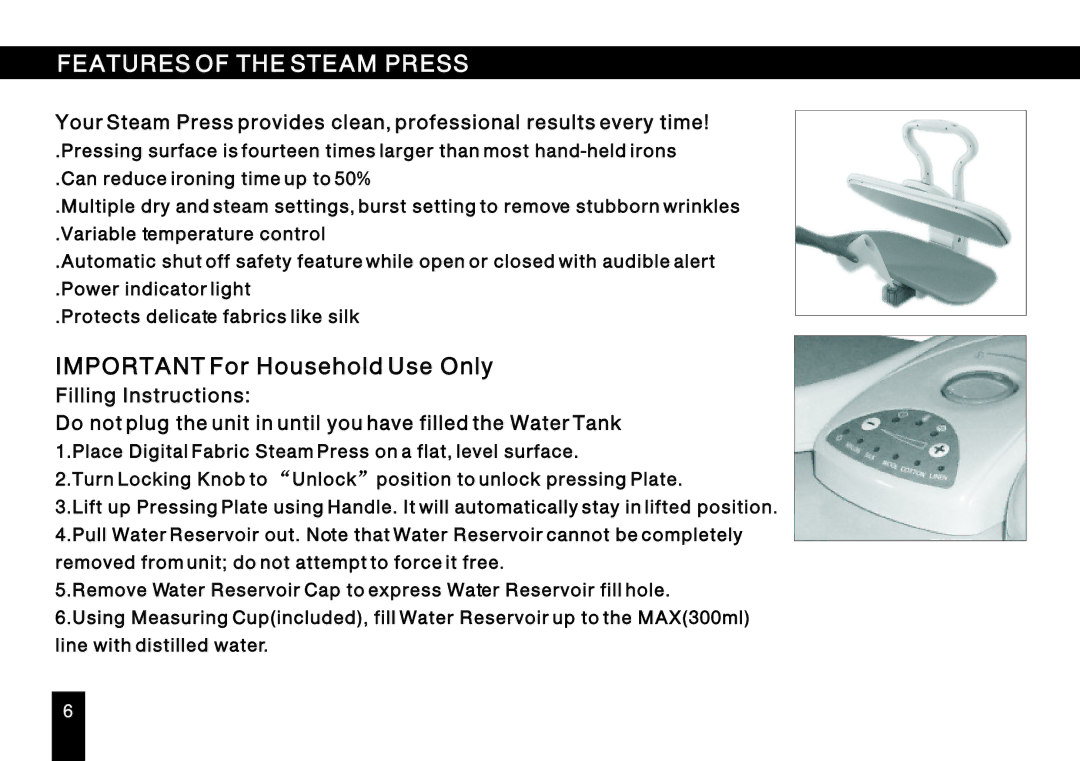 Singer ESP 2 instruction manual Features of the Steam Press, Filling Instructions 