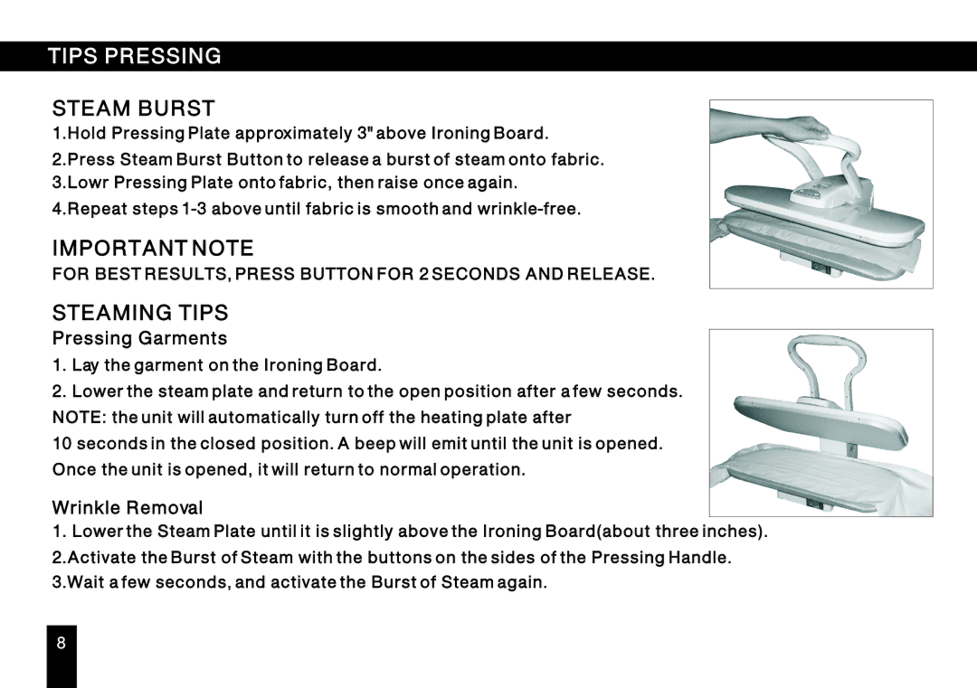 Singer ESP 2 instruction manual Tips Pressing, Pressing Garments, Wrinkle Removal 