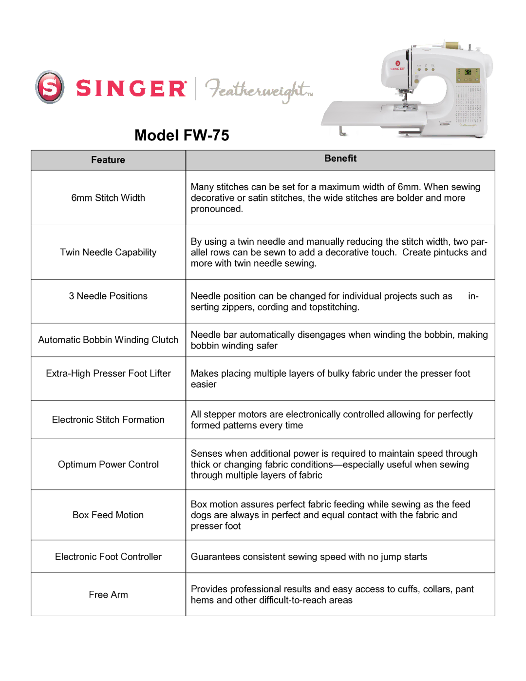 Singer FW-75 warranty Feature Benefit 