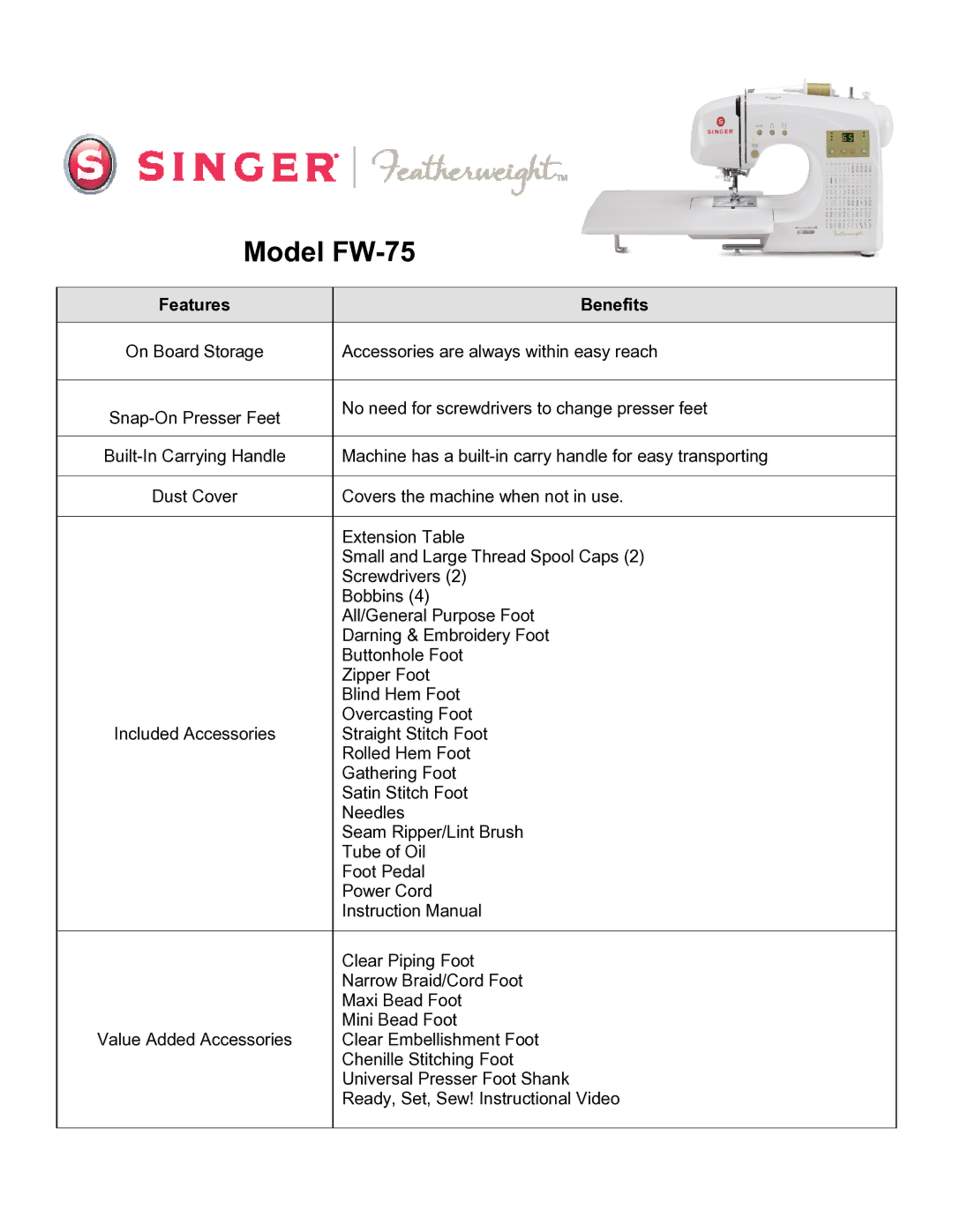 Singer FW-75 warranty Features Benefits 