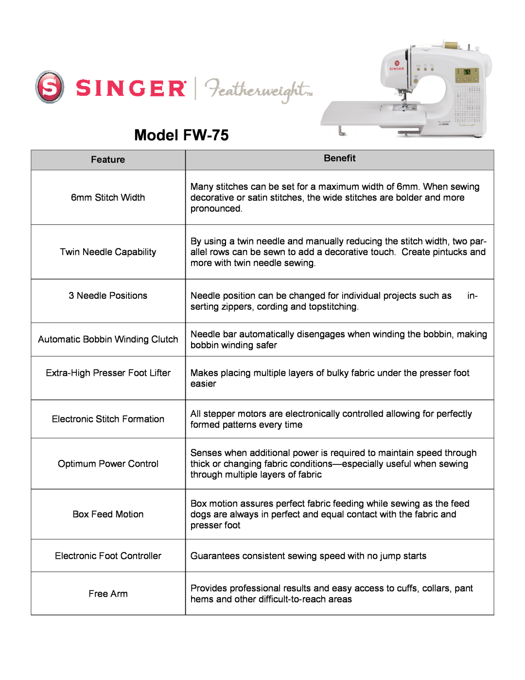 Singer warranty Feature, Model FW-75, Benefit, Many stitches can be set for a maximum width of 6mm. When sewing 