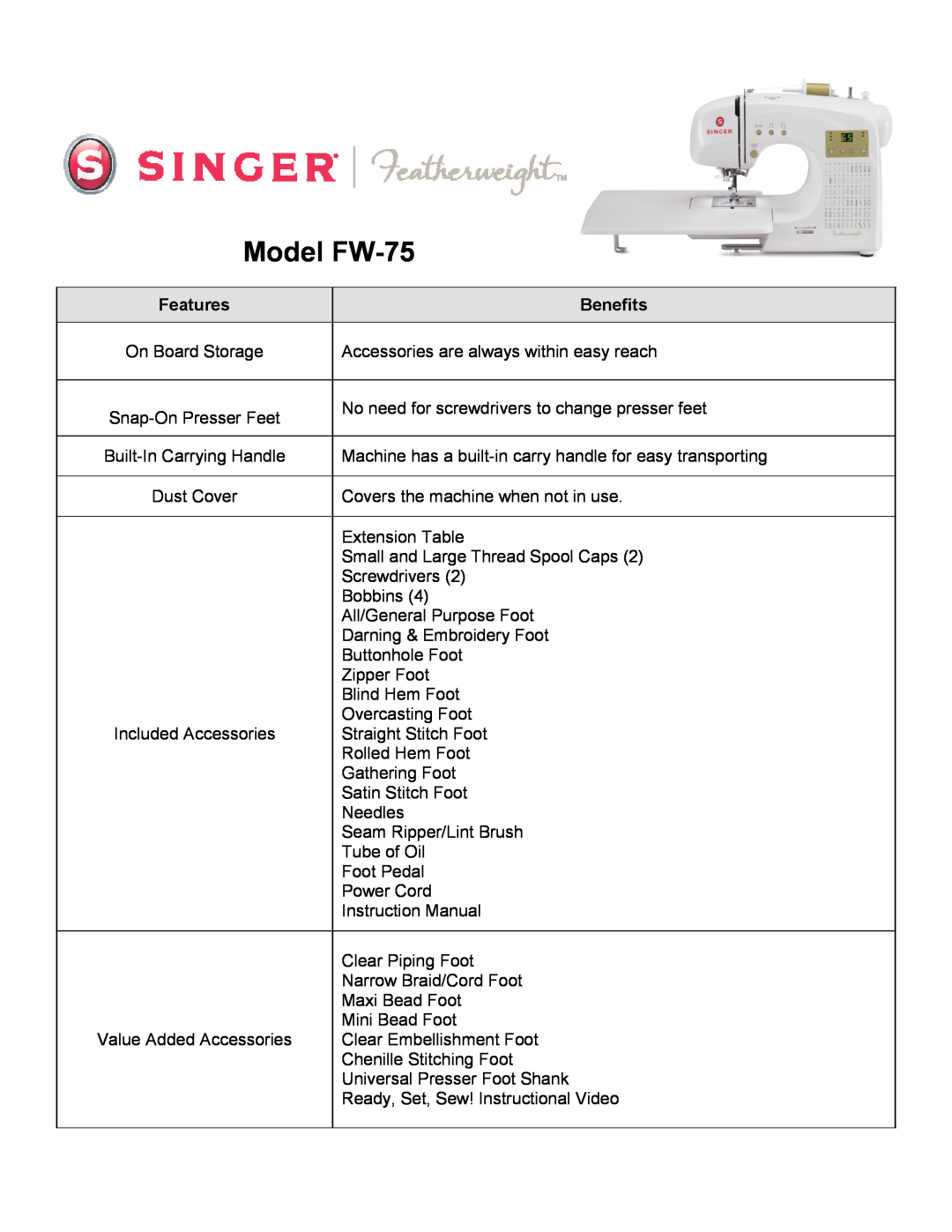 Singer warranty Features, Benefits, Model FW-75 