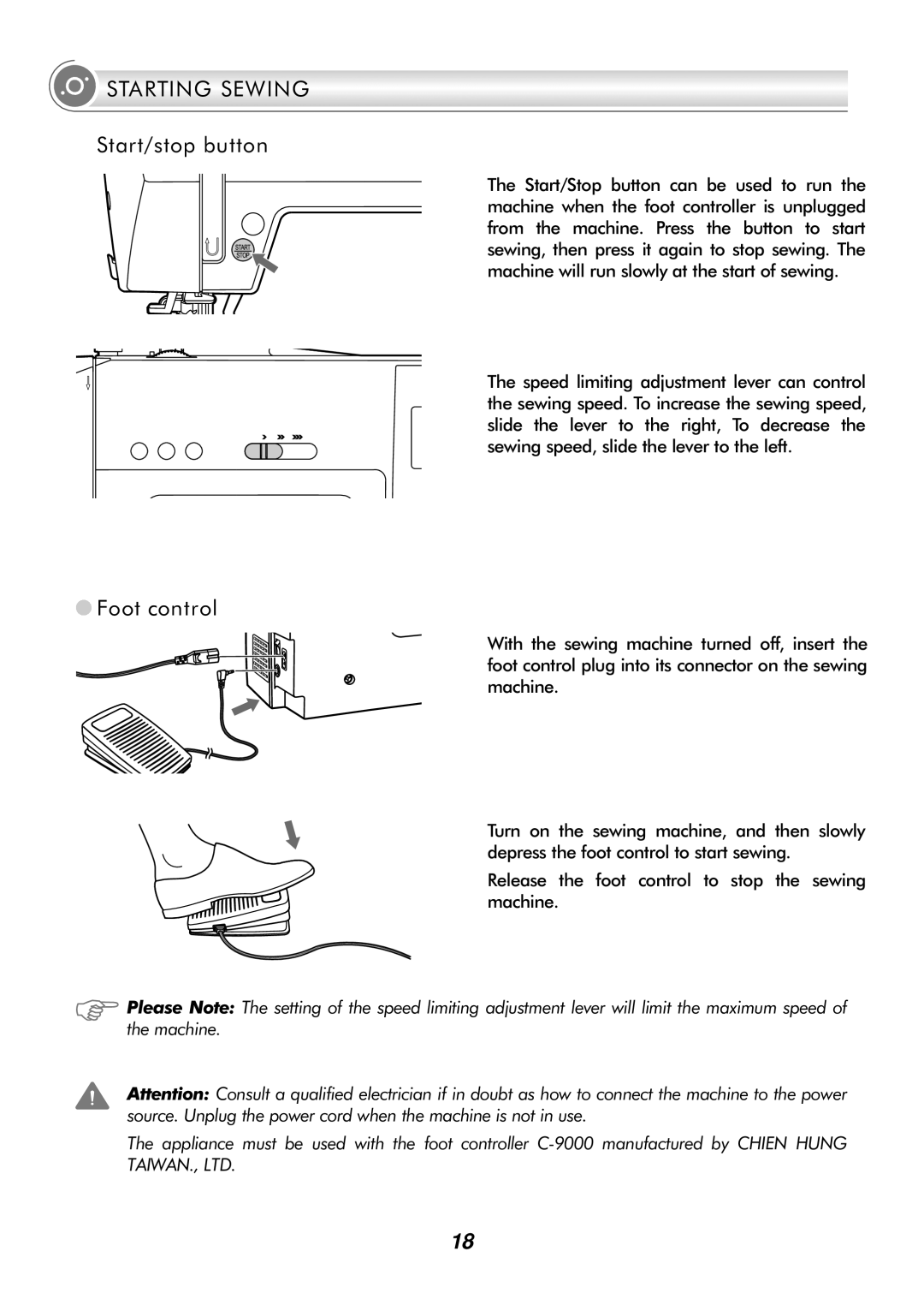 Singer H74 instruction manual Starting Sewing, Start/stop button, Foot control 