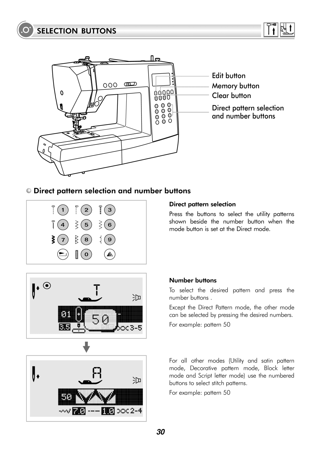 Singer H74 instruction manual Selection Buttons 