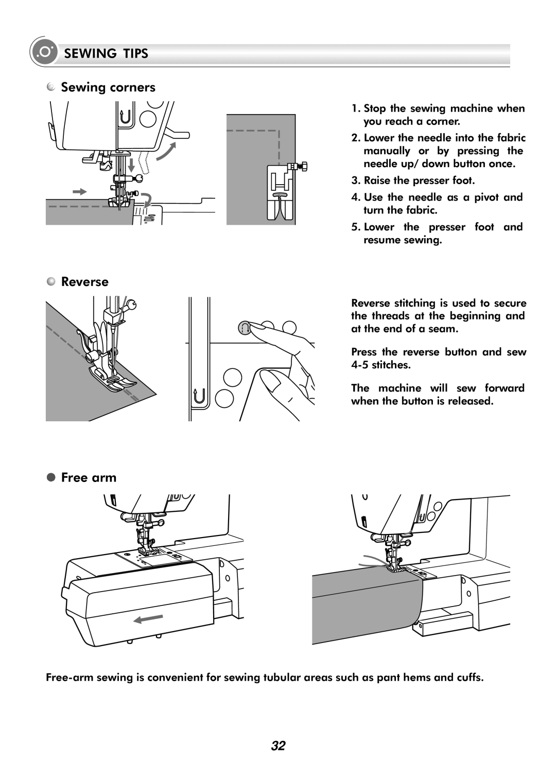 Singer H74 instruction manual Sewing Tips, Sewing corners, Reverse, Free arm 