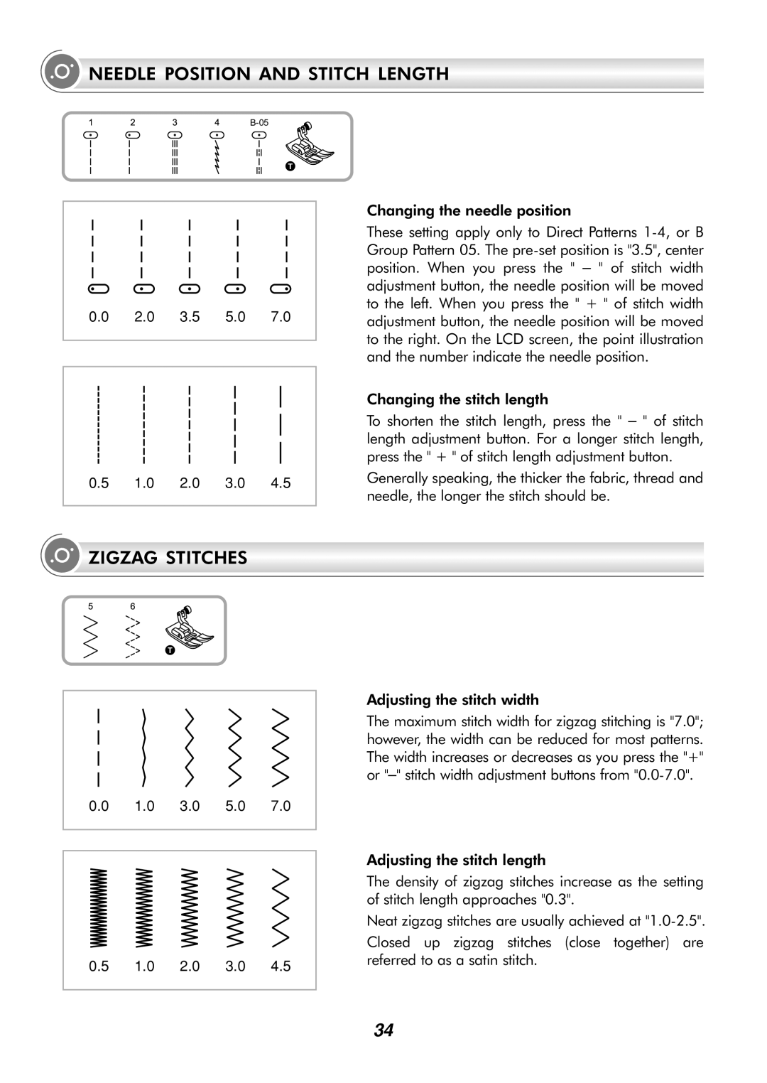 Singer H74 instruction manual Needle Position and Stitch Length, Zigzag Stitches 