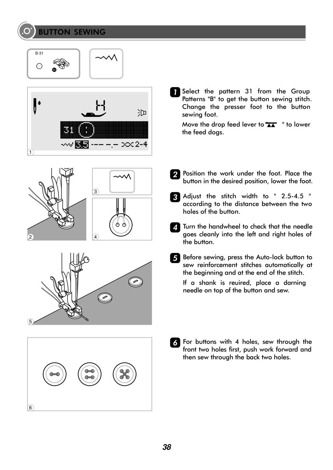 Singer H74 instruction manual Button Sewing 