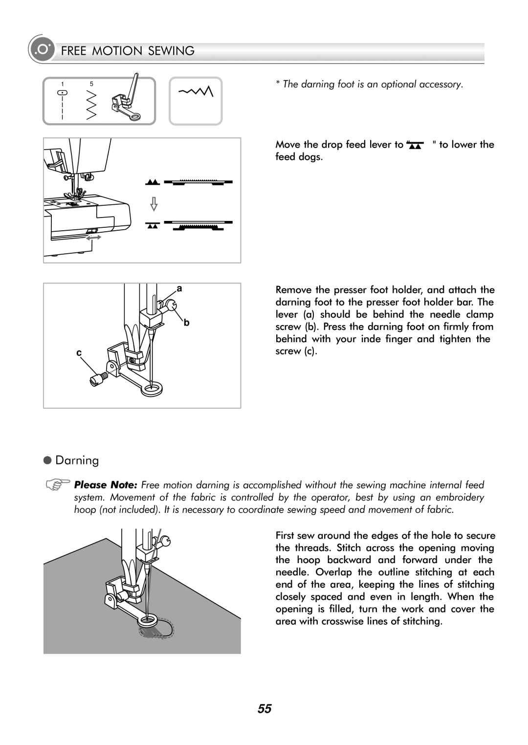 Singer H74 instruction manual Free Motion Sewing, Darning 