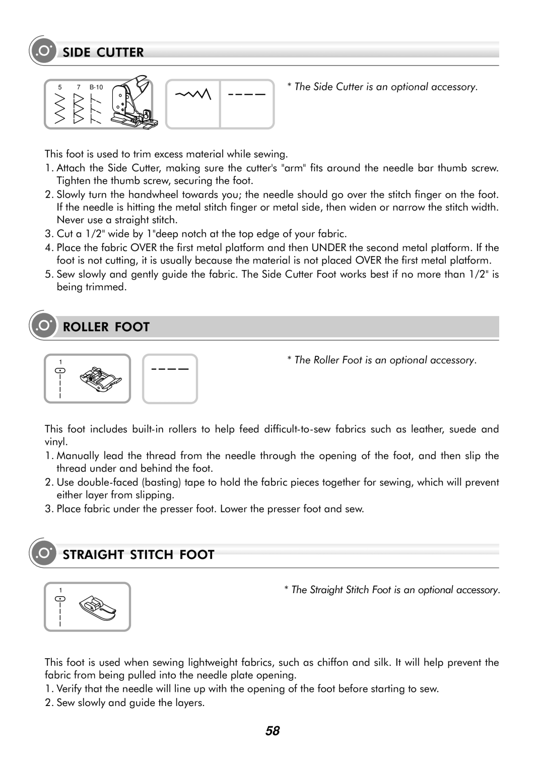 Singer H74 instruction manual Side Cutter, Roller Foot, Straight Stitch Foot 