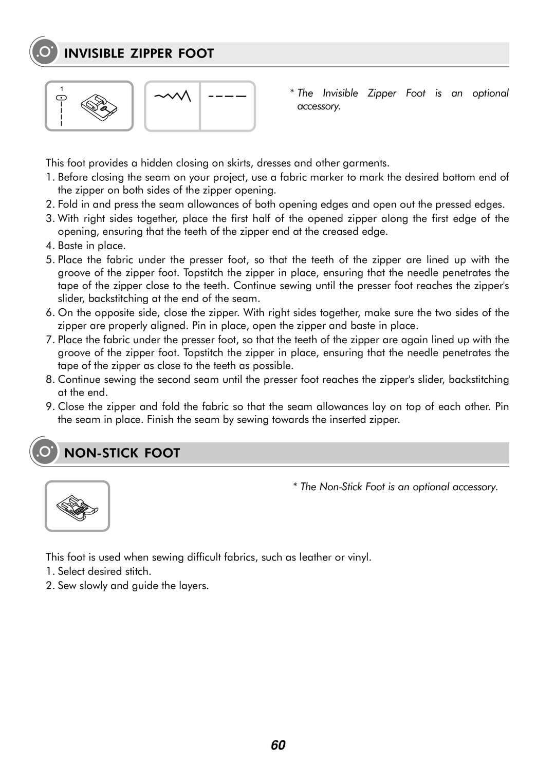 Singer H74 instruction manual Invisible Zipper Foot, NON-STICK Foot 