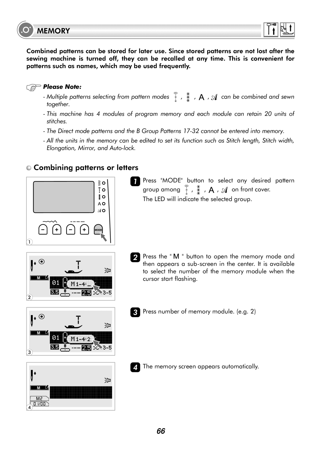 Singer H74 instruction manual Memory, Combining patterns or letters 