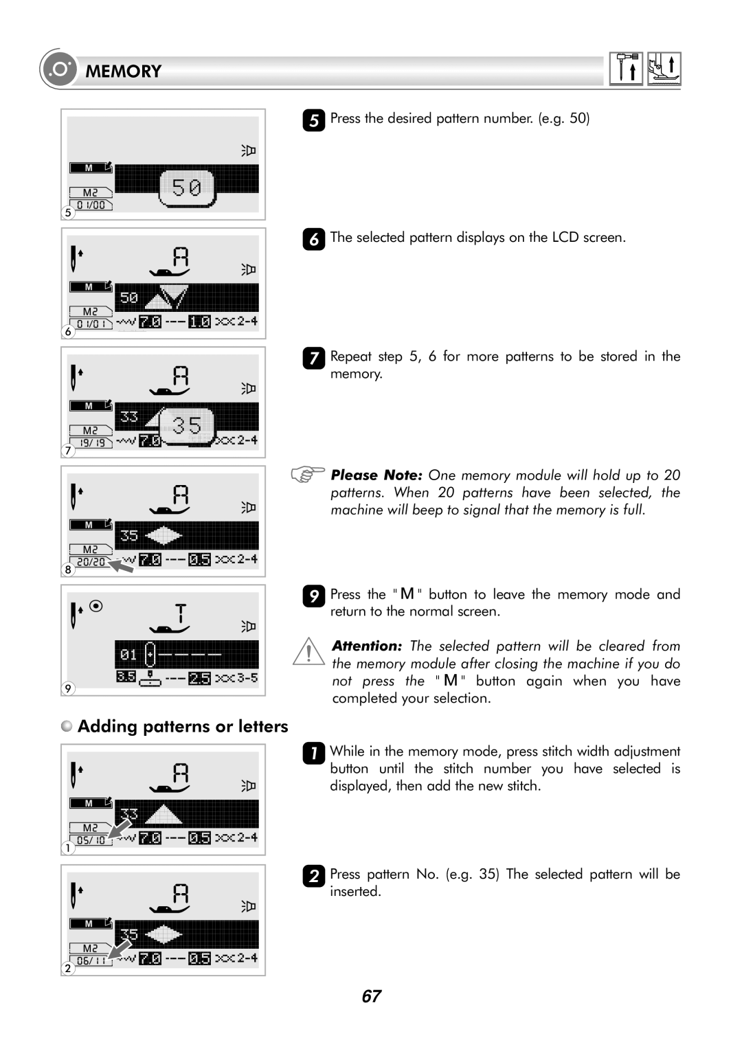 Singer H74 instruction manual Adding patterns or letters 