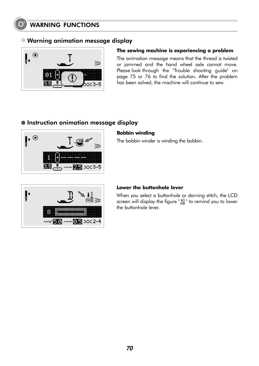 Singer H74 instruction manual Instruction animation message display, Sewing machine is experiencing a problem 