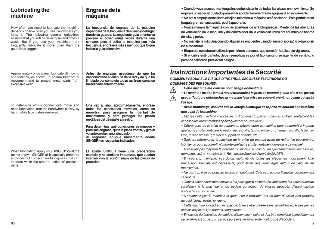 Singer HD-110 manual Lubricating the machine, Engrase de la máquina 