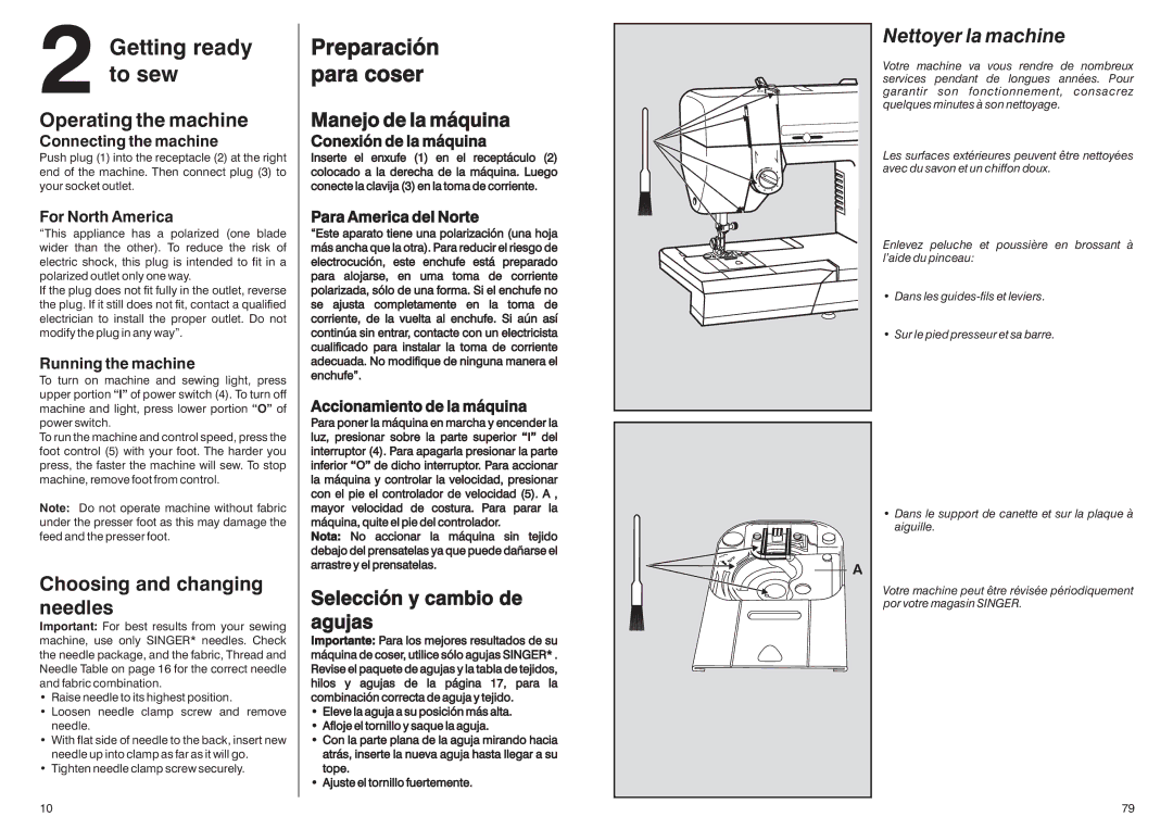 Singer HD-110 manual Getting ready to sew, Preparación para coser, Nettoyer la machine 