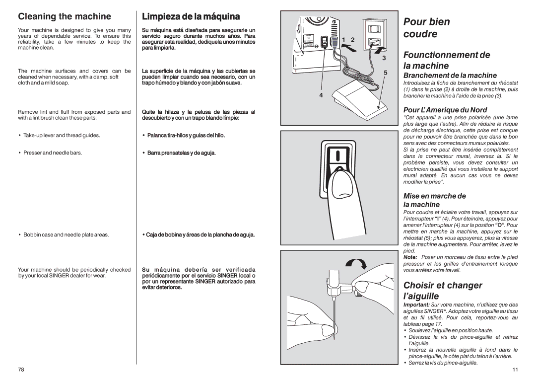 Singer HD-110 manual Pour bien coudre, Cleaning the machine, Limpieza de la máquina, Founctionnement de la machine 