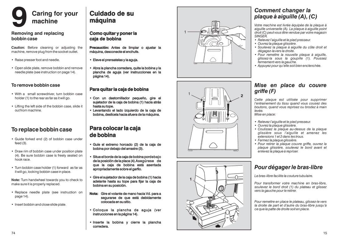 Singer HD-110 manual Caring for your Machine, Cuidado de su máquina, To replace bobbin case, Para colocar la caja de bobina 