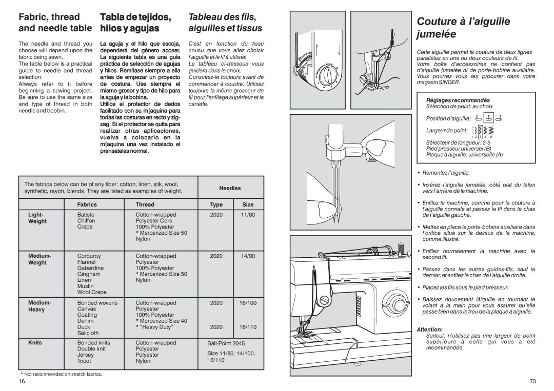 Singer HD-110 manual Couture à l’aiguille jumelée, Fabric, thread and needle table, Tabla de tejidos, hilos y agujas 