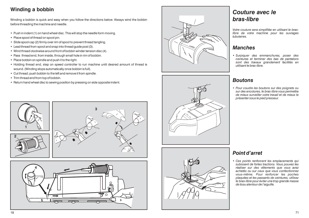 Singer HD-110 manual Couture avec le bras-libre, Winding a bobbin, Manches, Boutons, Point d’arret 