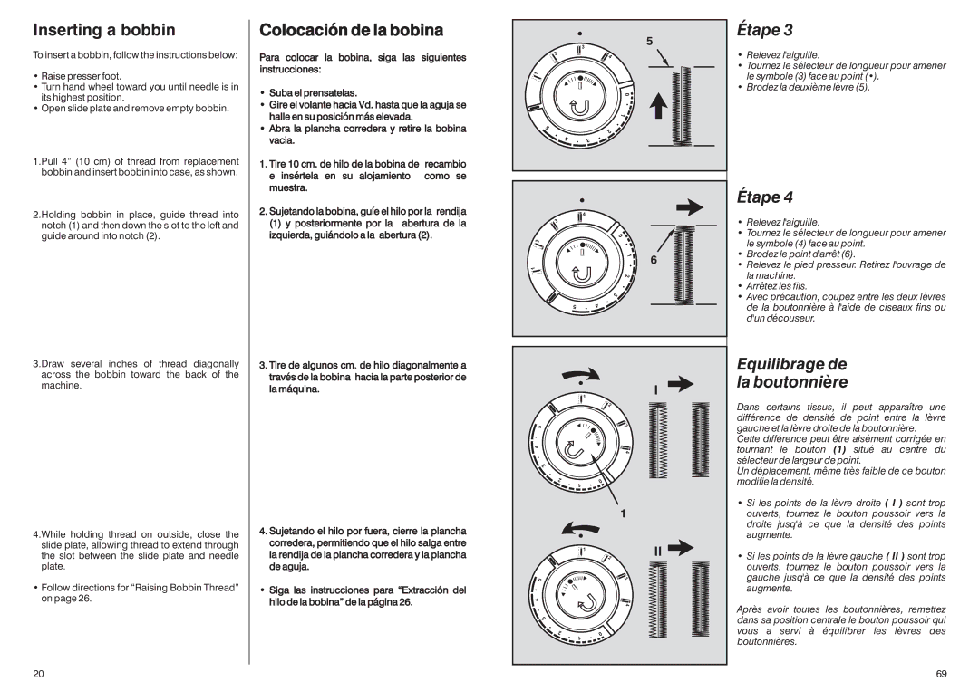 Singer HD-110 manual Inserting a bobbin, Colocación de la bobina, Étape, Equilibrage de la boutonnière 