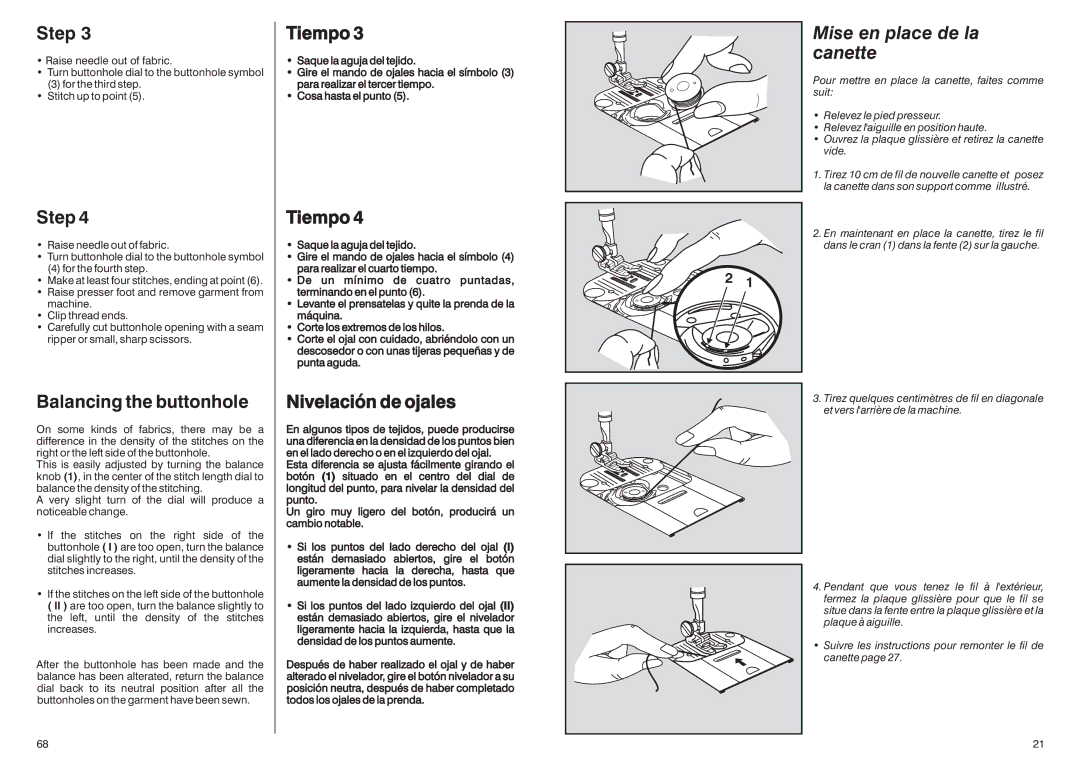 Singer HD-110 manual Step, Tiempo, Mise en place de la canette, Balancing the buttonhole, Nivelación de ojales 