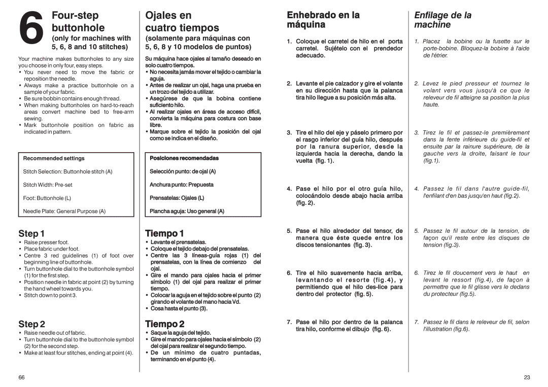 Singer HD-110 manual Four-step buttonhole, Ojales en cuatro tiempos, Enhebrado en la máquina, Enfilage de la machine 