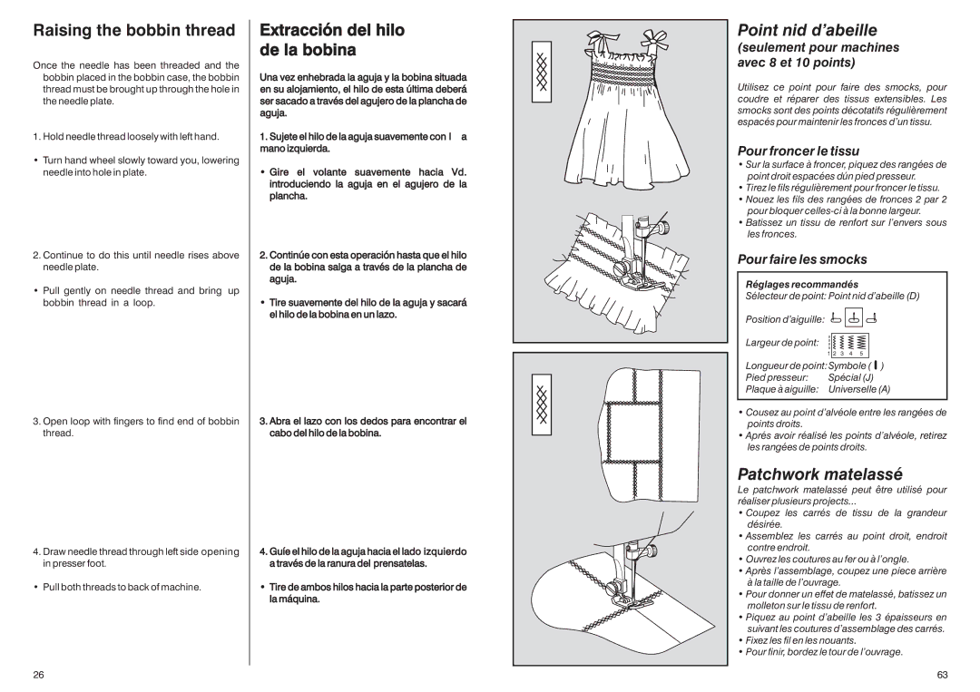 Singer HD-110 manual Raising the bobbin thread, Extracción del hilo de la bobina, Point nid d’abeille, Patchwork matelassé 