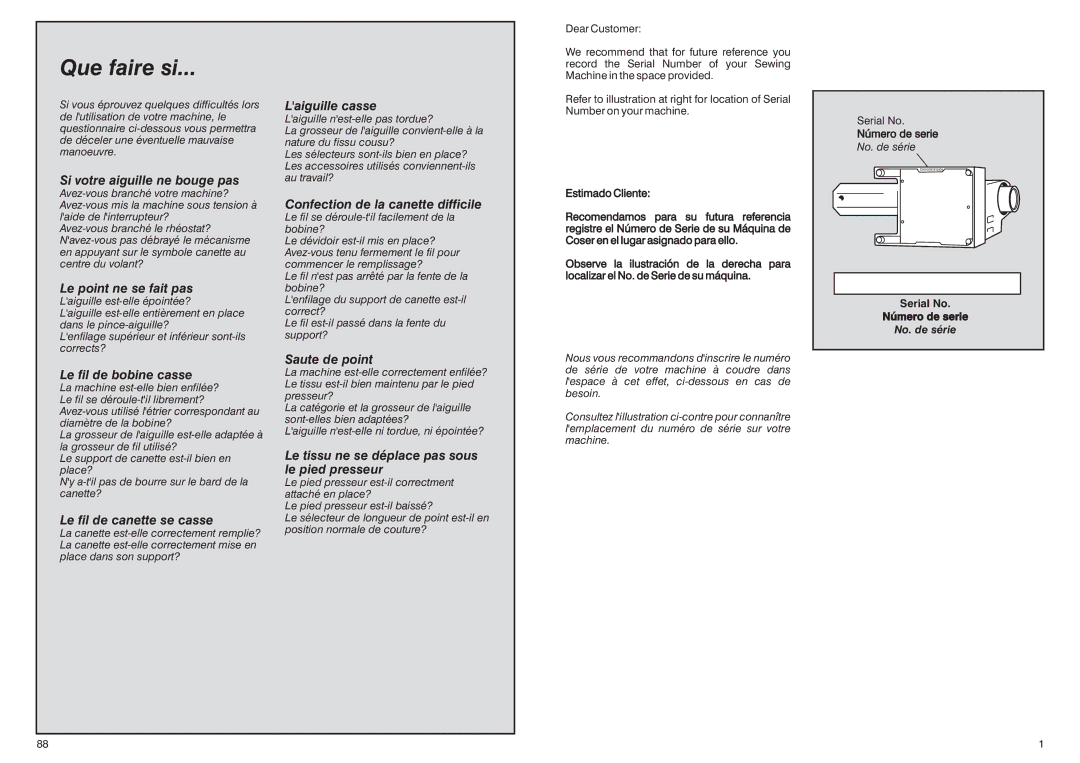 Singer HD-110 manual Que faire si, Serial No 