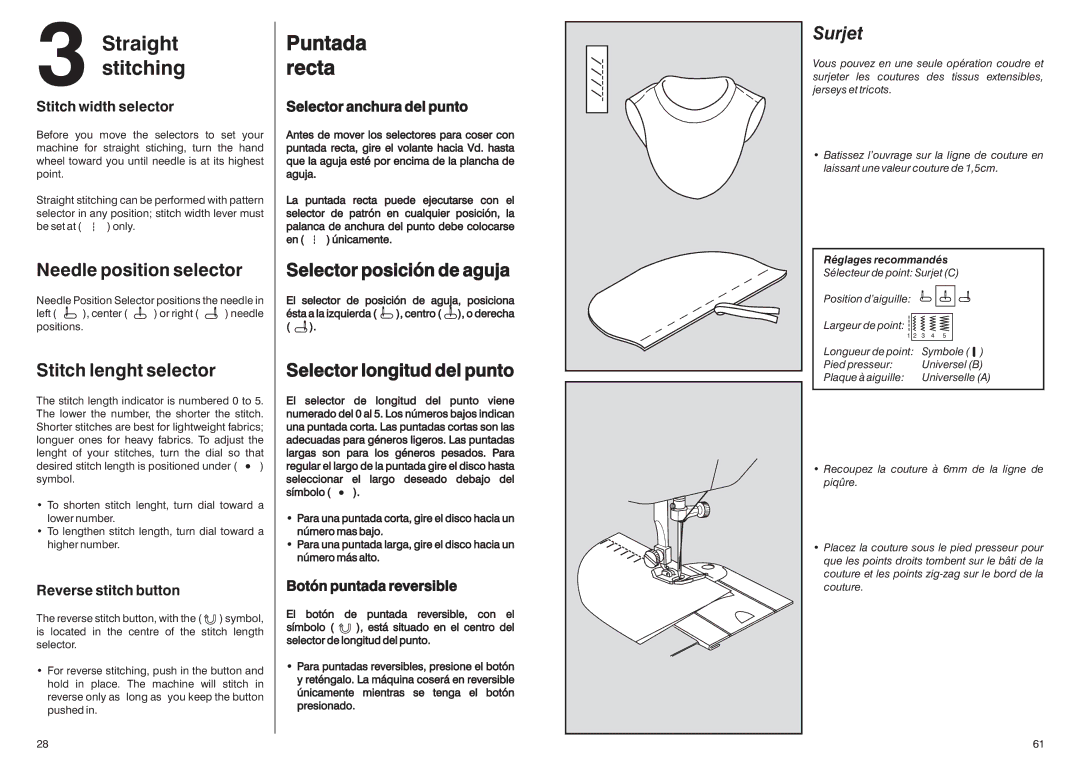 Singer HD-110 manual Straight stitching, Puntada recta, Surjet 