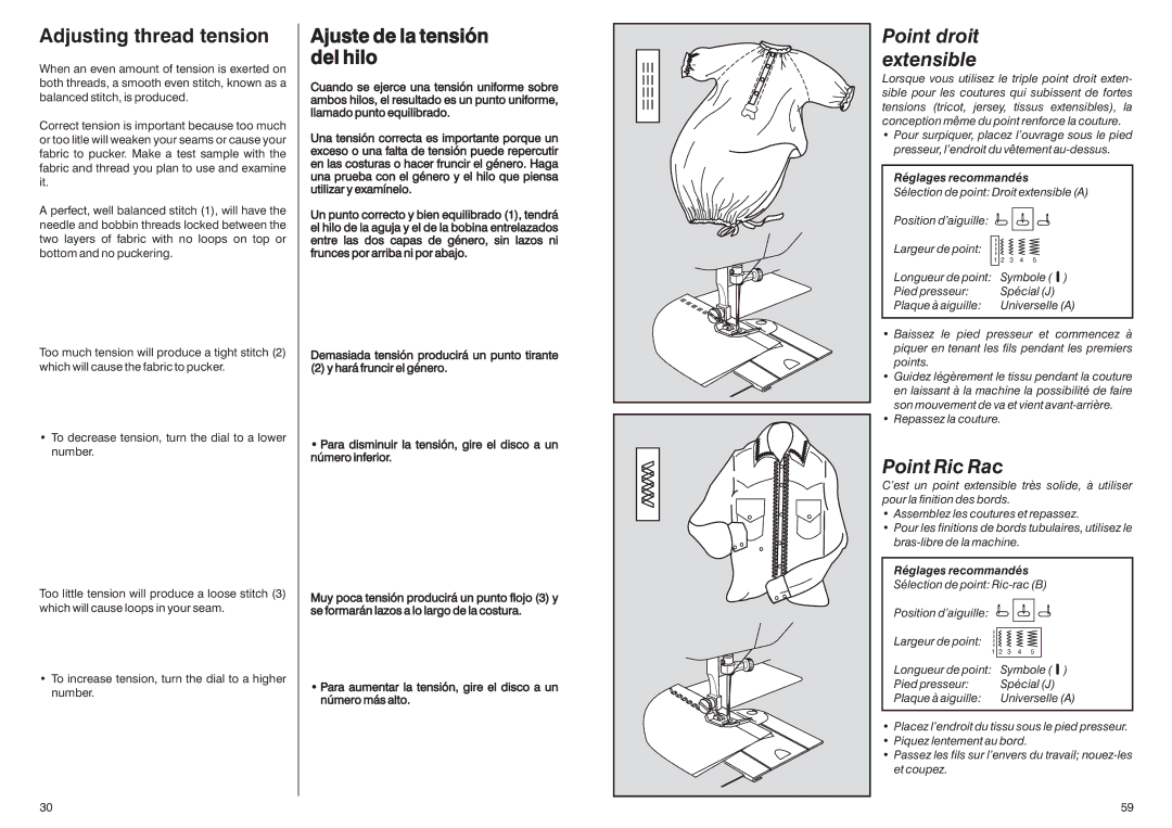 Singer HD-110 manual Adjusting thread tension, Ajuste de la tensión del hilo, Point droit extensible, Point Ric Rac 