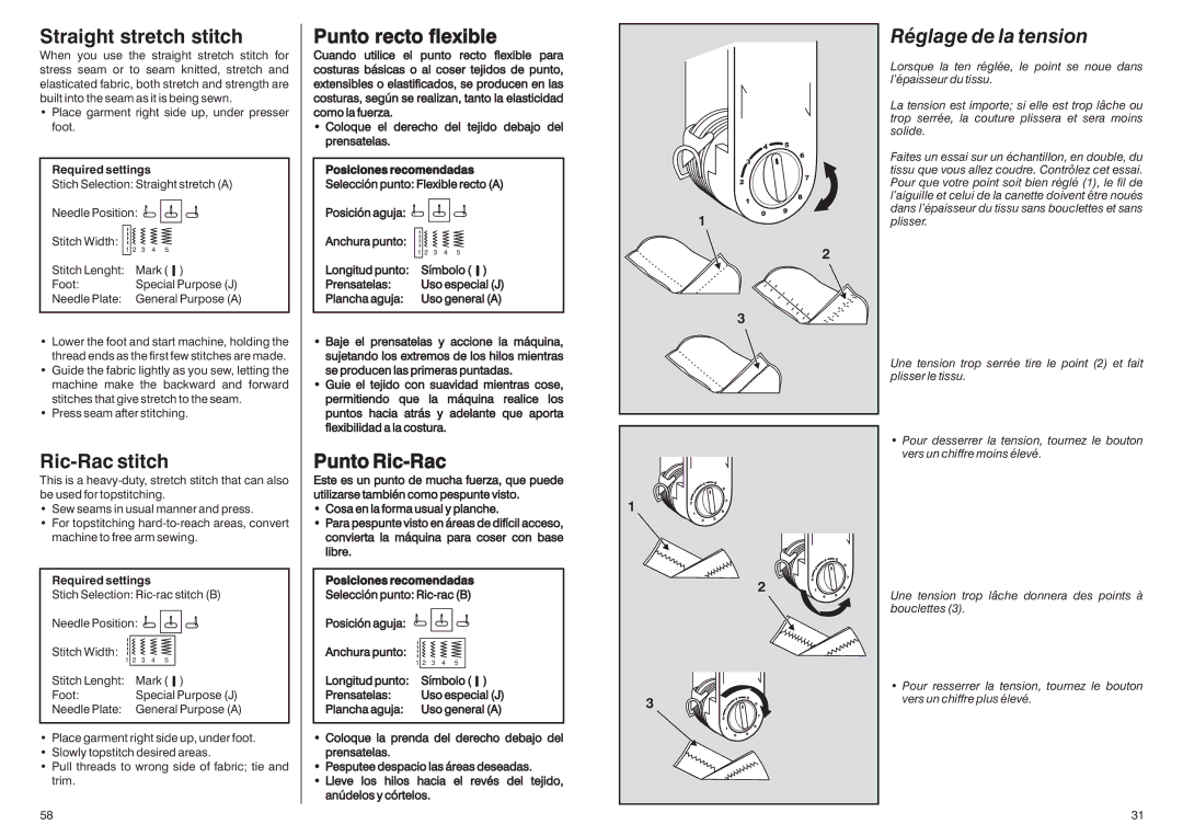 Singer HD-110 manual Straight stretch stitch, Ric-Rac stitch, Punto recto flexible, Punto Ric-Rac, Réglage de la tension 