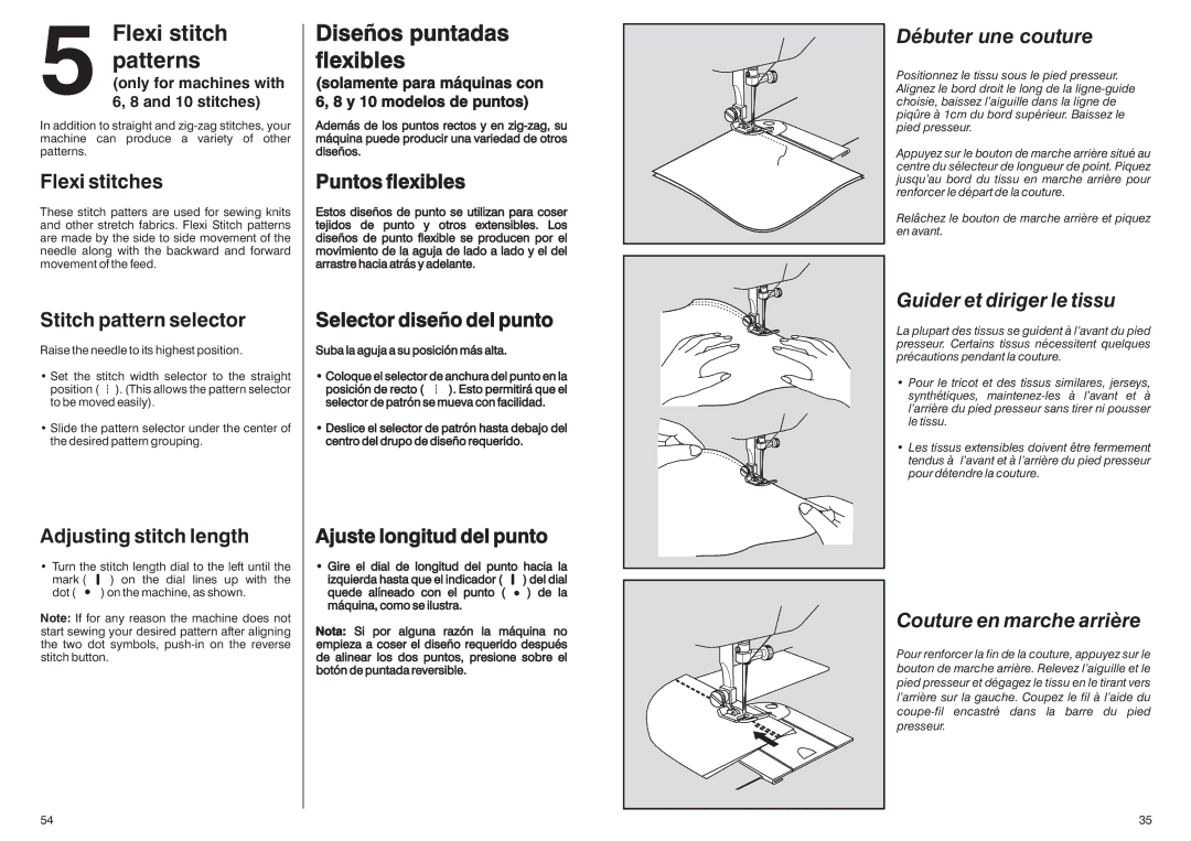 Singer HD-110 manual Diseños puntadas flexibles, Débuter une couture, Guider et diriger le tissu, Couture en marche arrière 