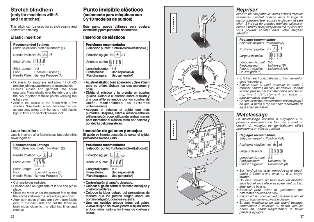 Singer HD-110 manual Stretch blindhem, Punto invisible elásticos, Repriser, Matelassage 