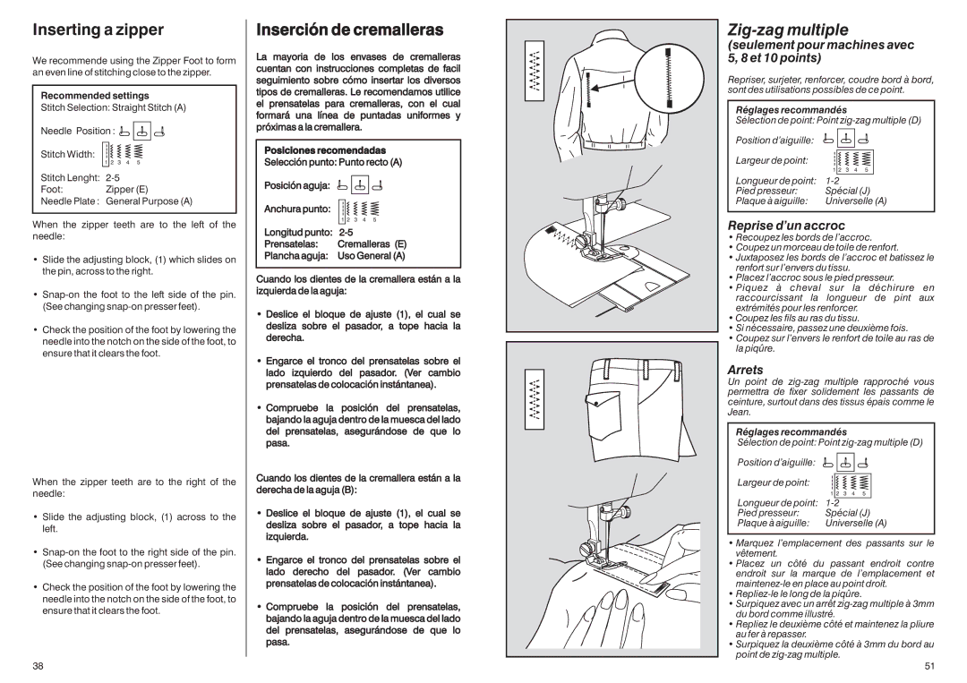 Singer HD-110 manual Inserting a zipper, Inserción de cremalleras, Zig-zag multiple 