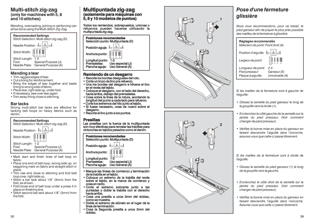 Singer HD-110 manual Multi-stitch zig-zag, Multipuntada zig-zag, Pose dune fermeture glissière 